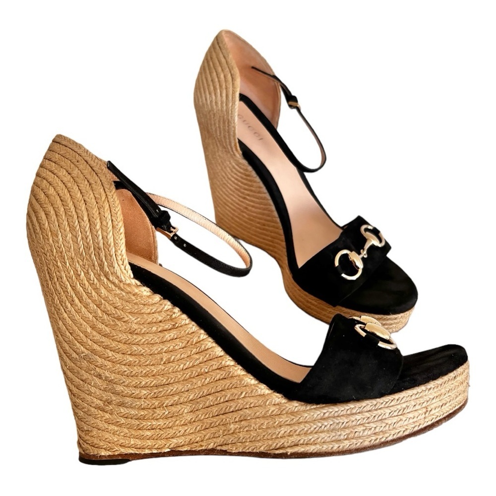 Gucci Horsebit  Suede Wedge Espadrille Platform Wedge Black Suede Sandals S 40